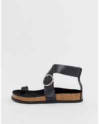 Kaltur Black Leather Toe Loop Sandals With Silver