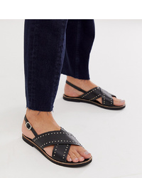 Warehouse Cross Over Leather Sandals With Stud Detail In Black