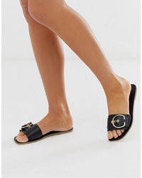 ASOS DESIGN Factual Leather Flat Sandals In Black