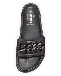 Valentino Garavani Chain Flat Leather Slide Sandal Black