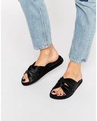 Faith Julie Black Leather Slider Sandals