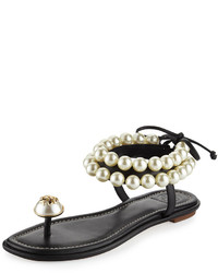Tory Burch Melody Pearly Ankle Wrap Flat Sandal Black