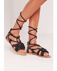 Missguided Real Leather Pleated Strap Lace Up Flat Sandals Black