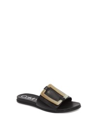Women's Black Leather Flat Sandals by 