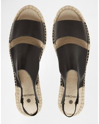 Pieces Jade Black Leather Espadrille Flat Sandals
