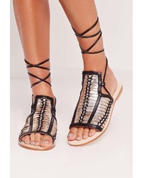 Missguided Real Leather Woven Flat Sandal Blackgold
