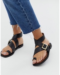 Office Serenity Black Leather Flat Toe Loop Sandals