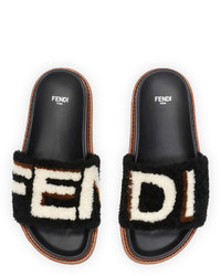 Fendi Shearling Logo Slide Sandal Black