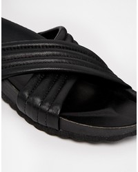 Pieces Tahi Black Leather Cross Strap Flat Slider Sandals