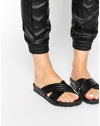 Pieces Tahi Black Leather Cross Strap Flat Slider Sandals