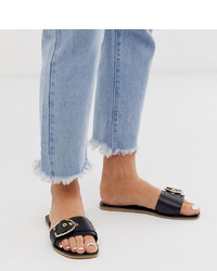 ASOS DESIGN Wide Fit Factual Leather Flat Sandals In Black