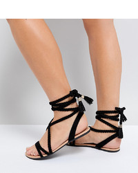 ASOS DESIGN Wide Fit Fayla Tie Leg Plaited Flat Sandals