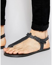 Asos Brand Thong Sandals In Woven Black Leather