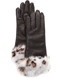 Grandoe Fur Cuffed Leather Gloves Blackleopard