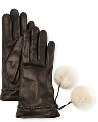 Mario Portolano Leather Gloves W Fur Pompoms Blackwhite