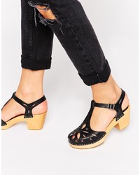 Swedish Hasbeens Black Lacy Kitten Heel Sandals