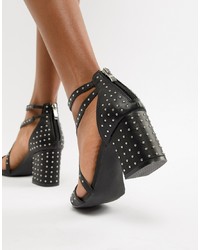 Glamorous Black Pin Stud Block Heeled Sandals