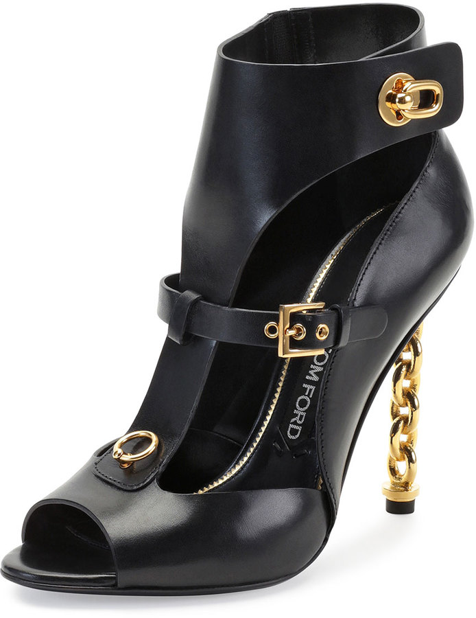 Tom Ford Leather Chain Heel Cage Sandal Black, $2,690 | Neiman Marcus |  Lookastic