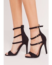 Missguided Buckle Three Strap Barely There Heeled Sandals Black