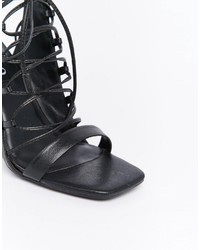 Senso Niala I Black Leather Ghillie Lace Up Heeled Sandals