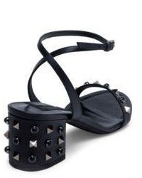 Valentino Rockstud Leather Ankle Wrap Block Heel Sandals