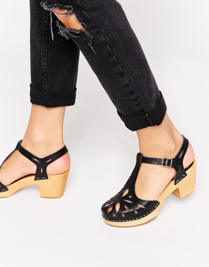 ... Heeled Sandals: Swedish Hasbeens Black Lacy Kitten Heel Sandals