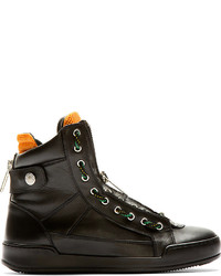 DSquared 2 Black Leather Orange Inlay High Top Zip Up Sneakers