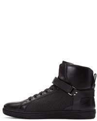 Versace Black Leather Mesh High Top Sneakers