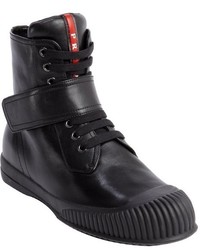 Prada Black Leather Side Zip Fastening Tape Strap High Top Sneakers