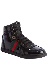 Gucci Black Patent Leather And Wool High Top Sneakers