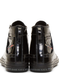 Diesel Black Patent Leather Exposure High Top Sneakers