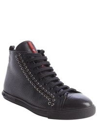 Prada Black Perforated Leather Multi Eyelet Stitched High Top Sneakers