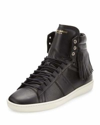 Saint Laurent Leather High Top Sneaker With Fringe Black