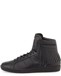 Saint Laurent Leather High Top Sneaker With Fringe Detail Black