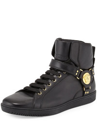 Versace Leather High Top Sneaker With Gold Medallion Black