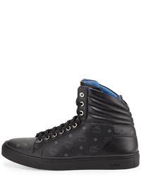 MCM Monogrammed Leather High Top Sneaker Black
