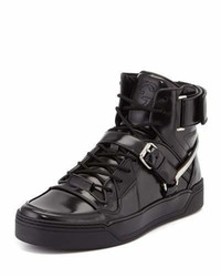 Gucci Spur Tennis Leather High Top Sneaker With Horsebit Black