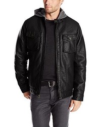 Sean John Faux Leather Four Pocket Racer Jacket With Hoodie