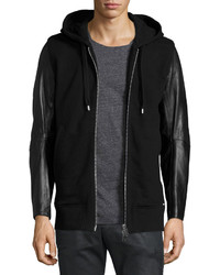 Diesel Mifun Fleece Zip Up Hoodie With Leather Sleeves Black