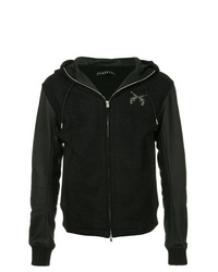Roarguns Rhinestone Crest Knit And Faux Leather Hoodie