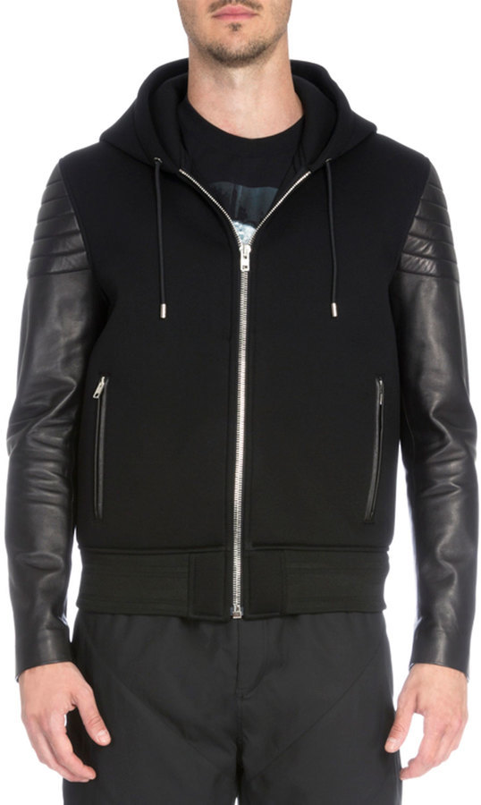 Givenchy Zip Up Hoodie With Leather Sleeves Black, $3,185 | Neiman Marcus |  Lookastic