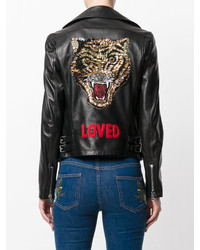 Gucci Angry Cat Embroidered Leather Jacket