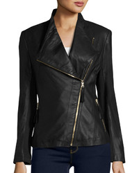 Via Spiga Asymmetric Zip Front Leather Jacket Black