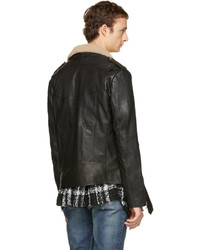 Faith Connexion Black Leather Shearling Collar Jacket