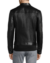 Versace Collection Woven Leather Zip Up Jacket Black