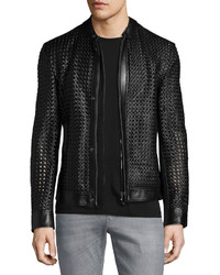 Versace Collection Woven Leather Zip Up Jacket Black