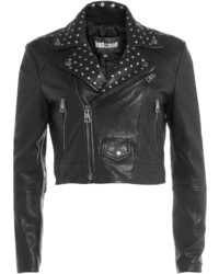 Just Cavalli Cropped Leather Jacket With Stud Embellisht