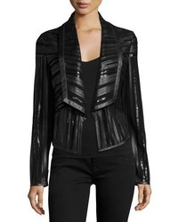 Cropped Leather Strip Combo Jacket Black
