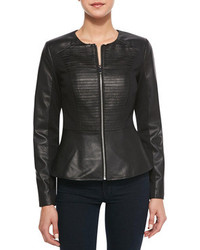 Neiman Marcus Cusp By Striped Front Leather Ponte Peplum Jacket Black