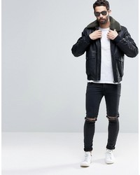 Asos Faux Leather Jacket With Fleece Collar In Black